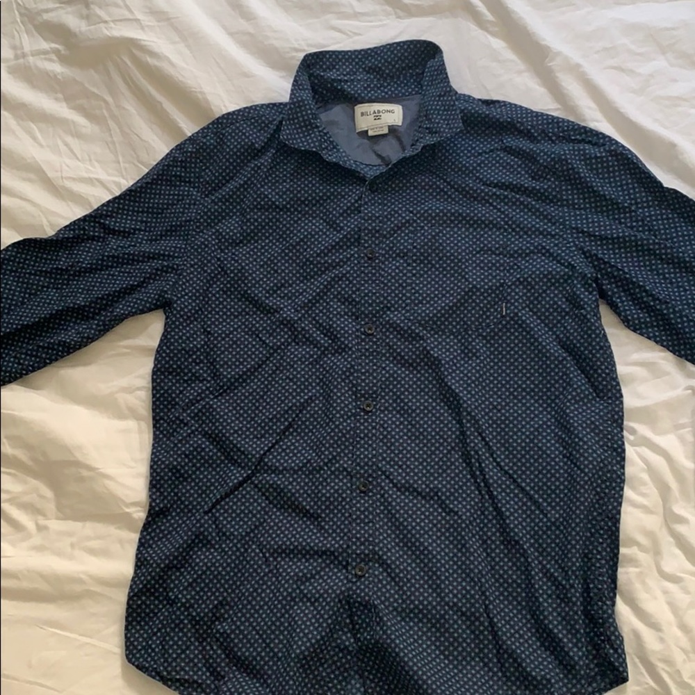 blue long sleeved buttoned shirt